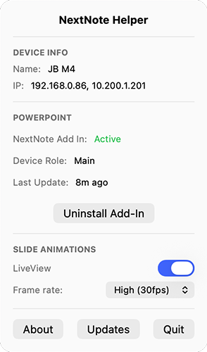 Helper menu on macOS showing Device Info