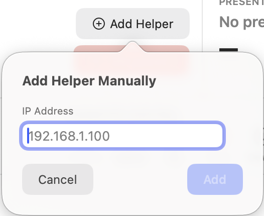Add Helper dialog — IP address entry