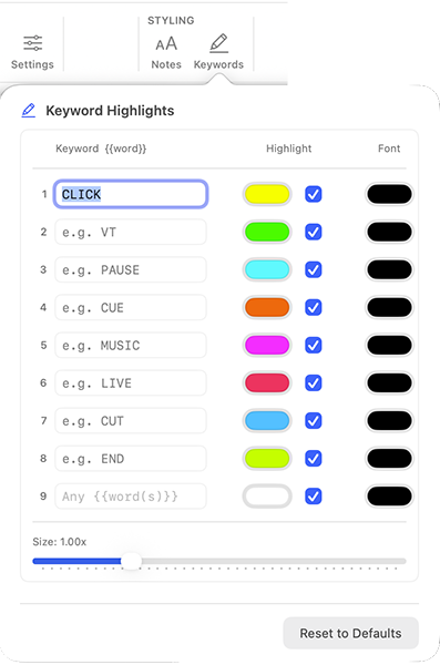 Keyword Highlights panel showing keyword list with colour and font options