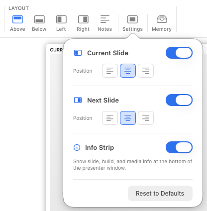 Layout toolbar section — Above selected, popover showing Current Slide and Next Slide toggles with position options