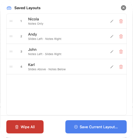 Layout Memory sheet showing named slots list