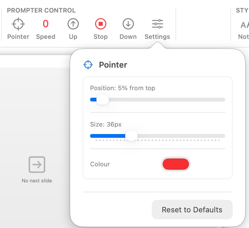 Teleprompter Settings popout showing Colour, Position, and Size controls