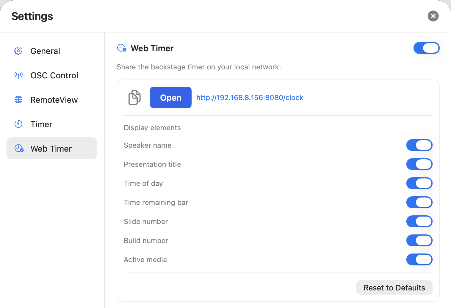 NextNote Web Timer settings