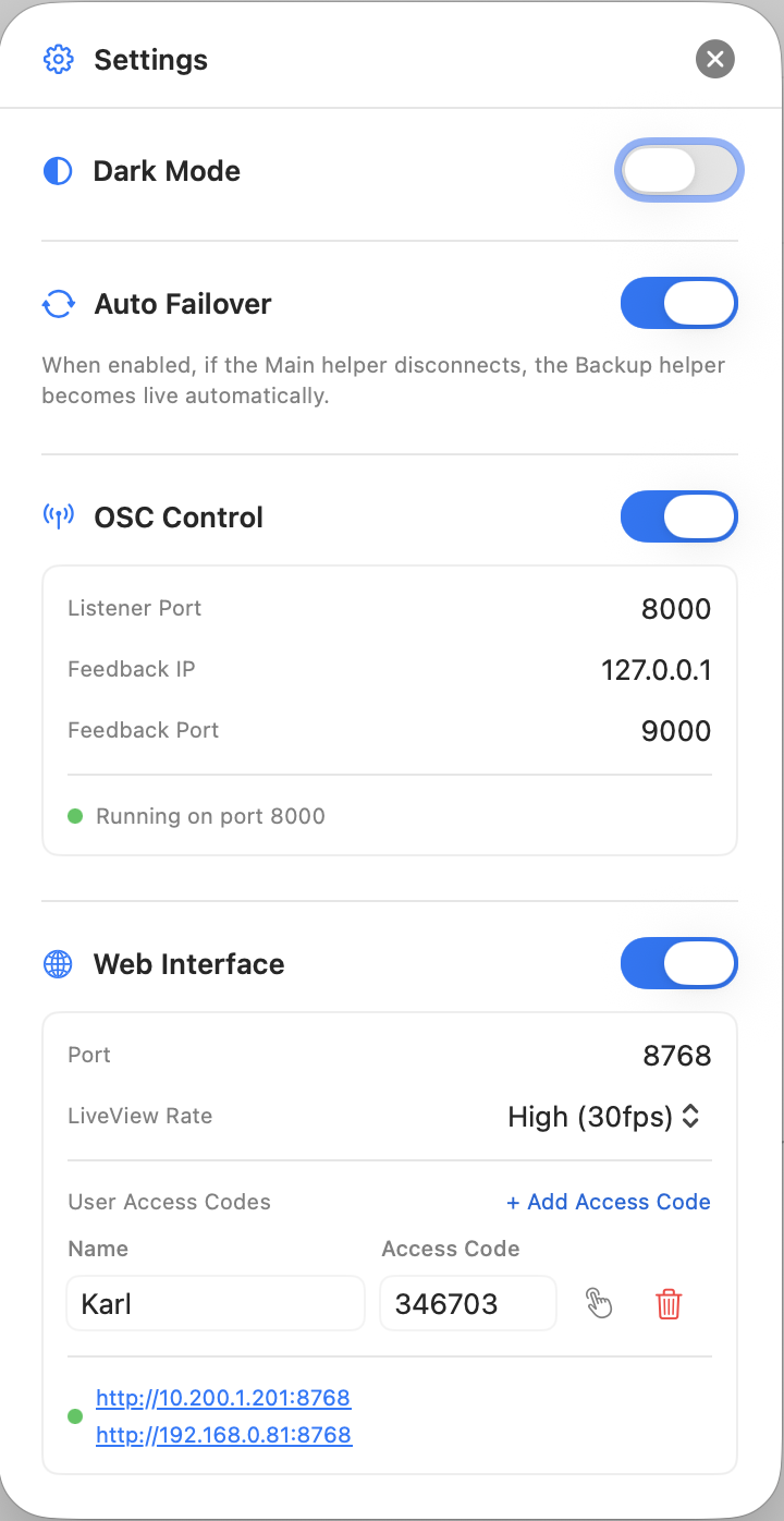Settings panel — Dark Mode, Auto Failover, OSC Control, Web Interface