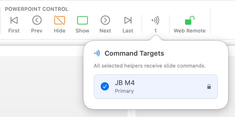 PowerPoint Control — Command Targets popover, JB M4 selected as Primary
