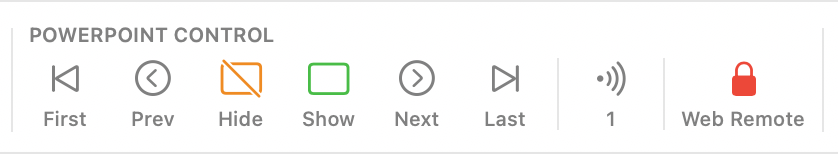 PowerPoint Control toolbar section — First, Prev, Hide, Show, Next, Last buttons
