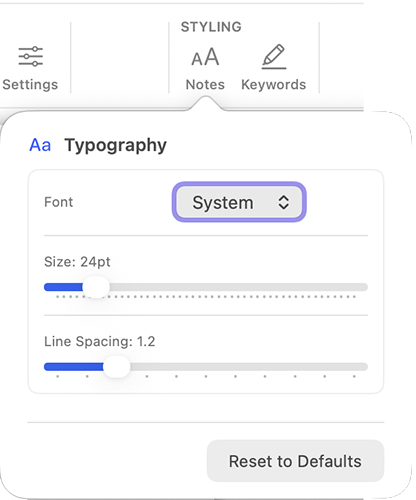 Typography panel showing Font, Size, and Line Spacing controls
