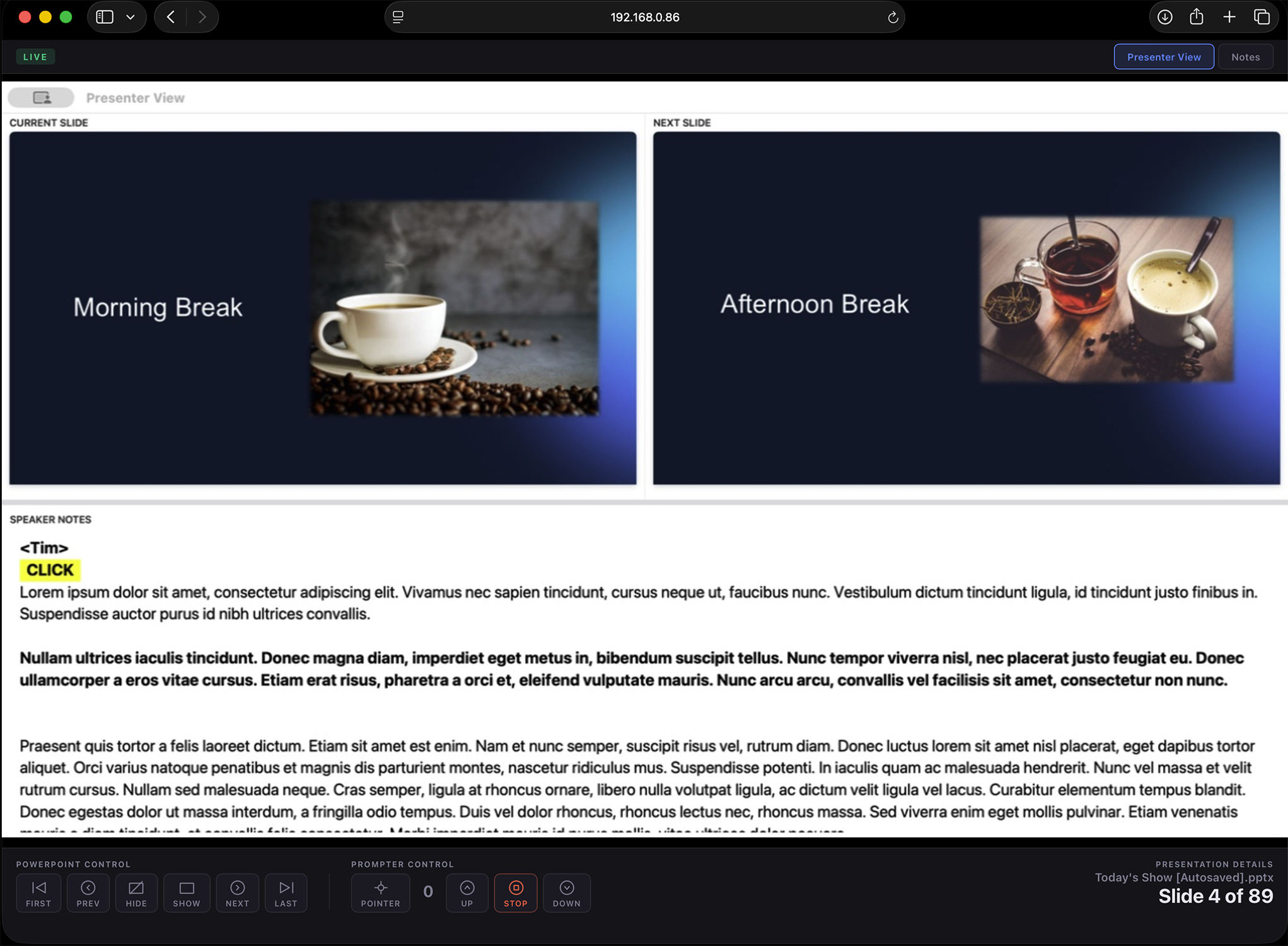 Web Remote browser interface — live slide preview and navigation buttons
