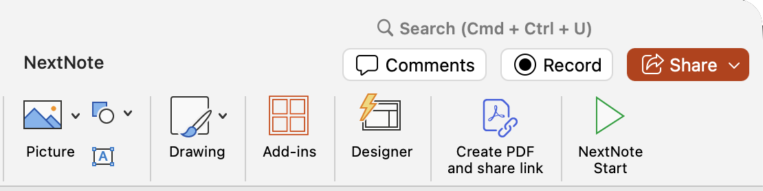 NextNote ribbon tab in PowerPoint